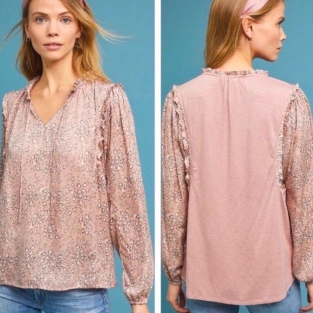 Dolan Anthropologie Pink Leopard Print Long Sleeve Top L Ruffle Tie Neck Flowy